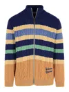 Maison Kitsuné Striped Cable Zipped Cardigan In Navy/chamomile In Multicolour