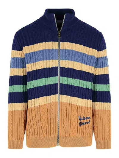 Maison Kitsuné Striped Cable Zipped Cardigan In Navy/chamomile In Multicolor
