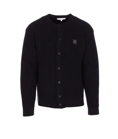 Maison Kitsuné Ribbed Long Sleeve Crewneck Cardigan In Gray