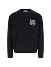 Maison Kitsuné Crew Neck Sweater With Large Fox Embroidery Black In Black