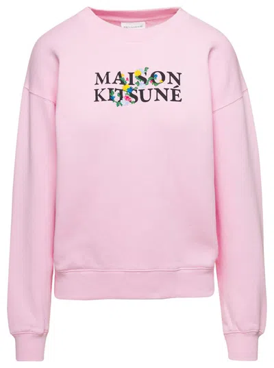 MAISON KITSUNÉ PINK CREWNECK SWEATSHIRT WITH FRONT LOGO PRINT