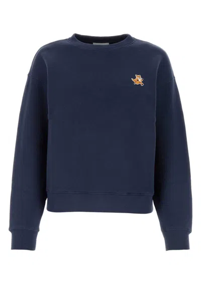 Maison Kitsuné Cotton Crew Neck Sweatshirt With Embroidered Detail In Blue
