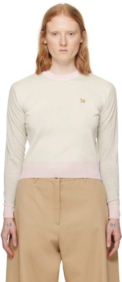 Maison Kitsuné Taupe & Pink Baby Fox Sweater In P701 Ecru