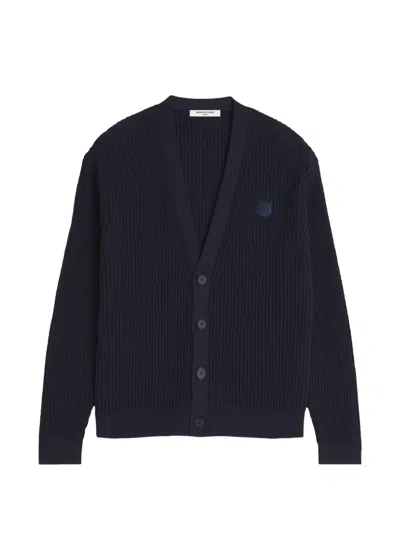 Maison Kitsuné V Neck Ribbed Knit Long Sleeve Sweater In Blue