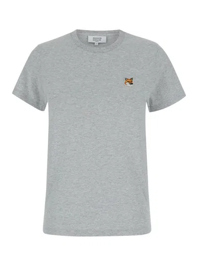 Maison Kitsuné Grey Crewneck T-shirt With Fox Head Logo Patch On The Sleeve