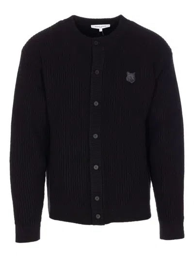 Maison Kitsuné Unisex Ribbed Wool Cardigan With Bold Fox Emblem In Black