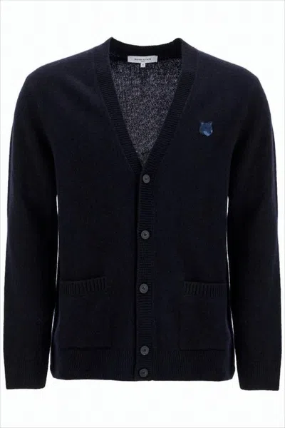 Maison Kitsuné V-neck Wool Cardigan With Button-down Front And Embroidered Logo In Blue