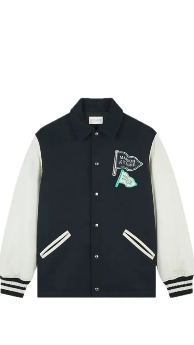 Maison Kitsuné Varsity Jacket In Wool Felt With Leather Sleeves In Blue