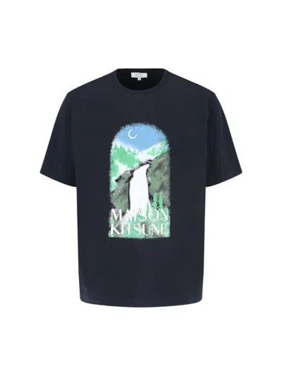 Maison Kitsuné Waterfall Print T-shirt In Black