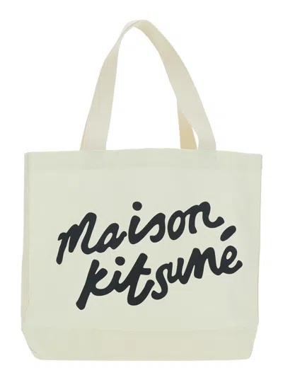 Maison Kitsuné White Shopper With Maxi Logo Lettering On The Front In Cotton Man
