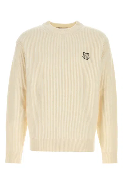 Maison Kitsuné Classic Round Neck White Sweater With Soft Texture In Multi