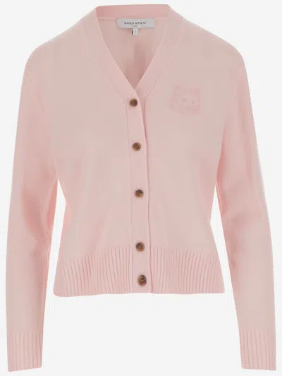 Maison Kitsuné Wool And Cashmere Cardigan With Fox Embroidery In Light Pink