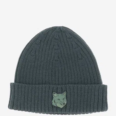 Maison Kitsuné Wool Beanie With Fox Patch In Verde