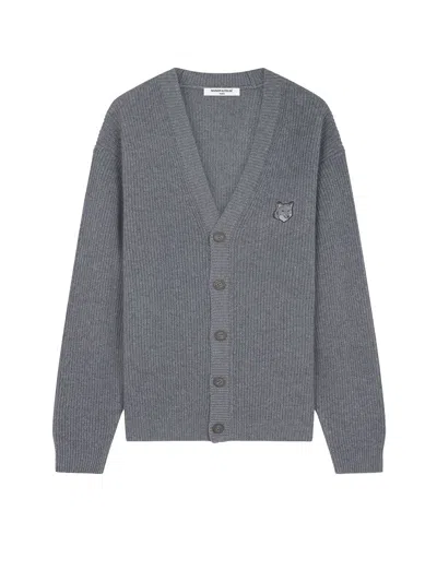 Maison Kitsuné Wool Blend Cardigan With Embroidered Foxy Patch On The Front In Gray