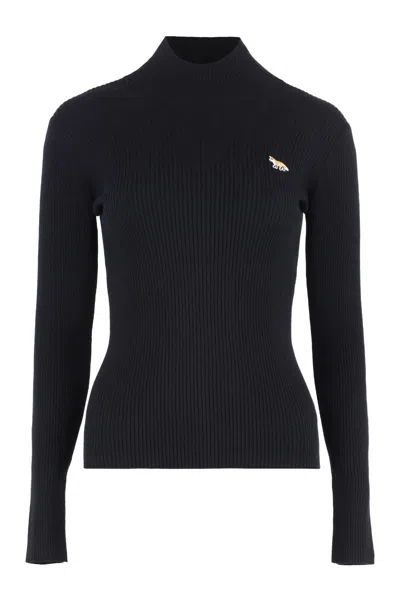 Maison Kitsuné Ribbed Black Sweater With High Neck