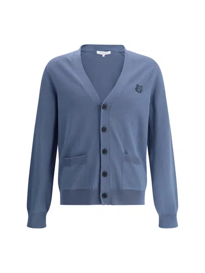 Maison Kitsuné V-neck Ribbed Wool Cardigan In Blue