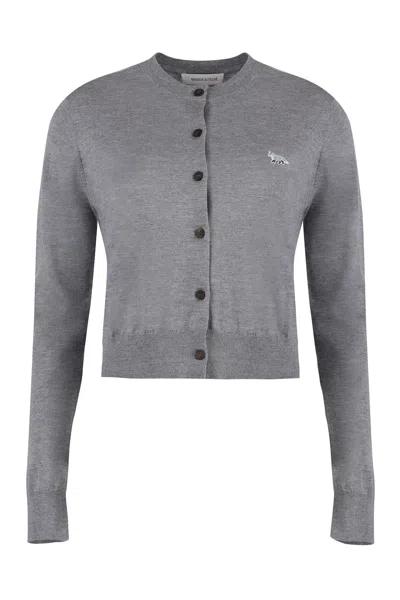 Maison Kitsuné Cropped Wool Cardigan With Ribbed Cuffs And Hem In Grey