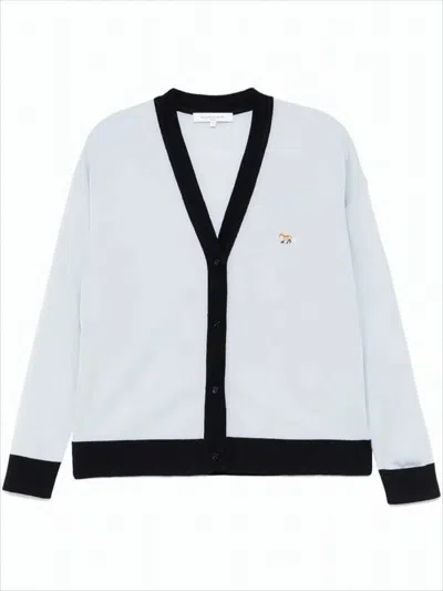 Maison Kitsuné Wool Cardigan With Contrast Trim And Embroidered Emblem In White