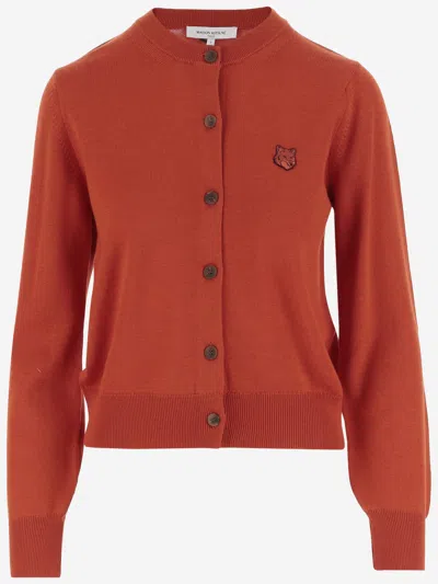 Maison Kitsuné Maison Kitsune' Wool Cardigan With Fox Patch In Red