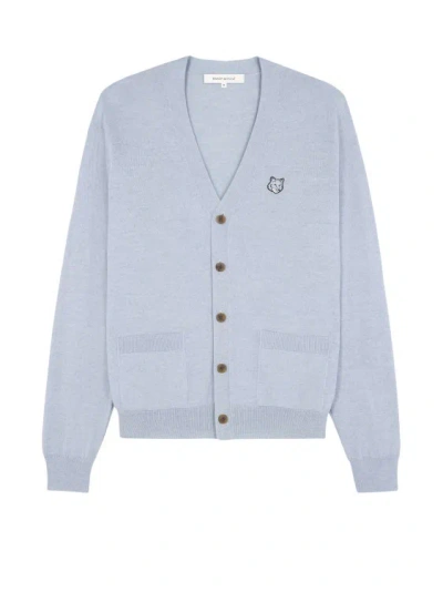 Maison Kitsuné Wool Cardigan With Frontal Fox Patch In Blue