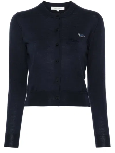 Maison Kitsuné Wool Cardigan With Logo Embroidery In Blue