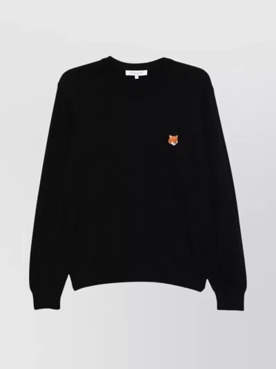 Maison Kitsuné Wool Crewneck Sweater Featuring Fox Design In Black
