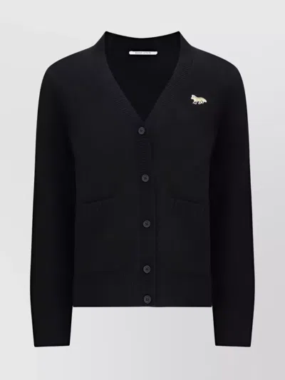 Maison Kitsuné Wool Knitwear Cardigan Ribbed V-neck In Black