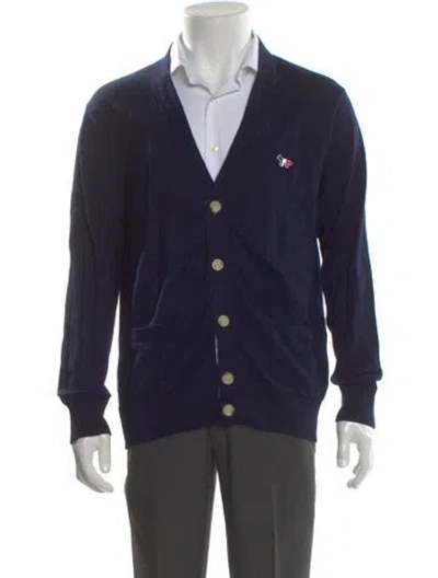 Pre-owned Maison Kitsuné Wool V-neck Cardigan In Blue