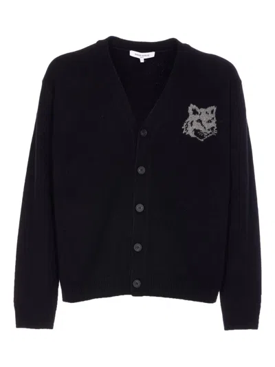 Maison Kitsuné Fox Head Intarsia Merino Cardigan In Black