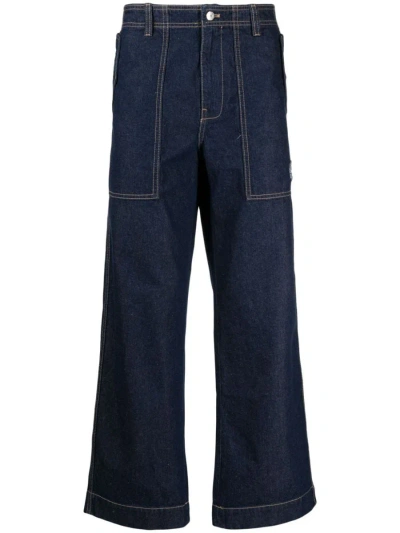 Maison Kitsuné Workwear Pants In Washed Denim With Fox Head Patch In Blue