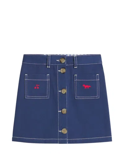 Maison Kitsuné Kids' X Bonpoint Laurine Fox-embroidered Button-front Mini Skirt In Blue