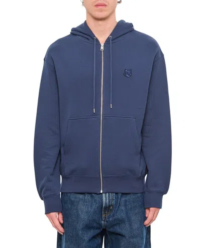 Maison Kitsuné Zippered Hoodie With Embroidered Logofront Pocket In Blue
