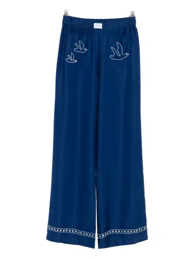 Maison Labiche Bird-embroidered Trousers In Blue