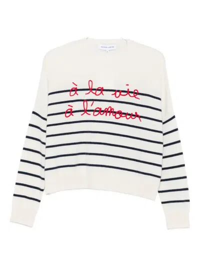 Maison Labiche Buzelin Striped Embroidered-lettering Jumper In White