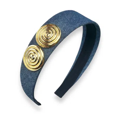 Maison Laurette Women's Blue / Gold Gold Spiral Button Denim Headband In Blue/gold