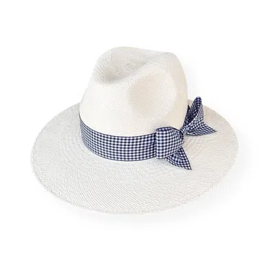 Maison Laurette Women's White / Blue Fedora With Gingham Ribbon Bow In Multi