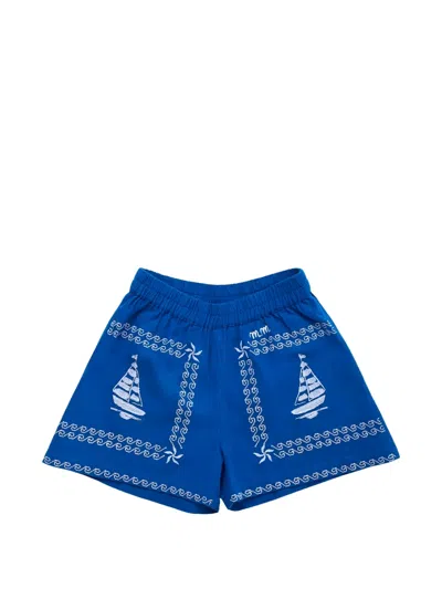 Maison Mangostan Kids' Barcos Embroidered Shorts In Blue