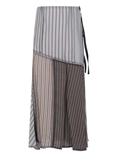 Maison Margiela Layered Patchwork Midi Skirt With Vertical Stripes In Gray