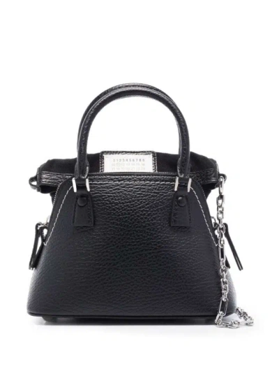 Maison Margiela 5ac Micro' Black Shoulder Bag With Logo Label In Grainy Leather