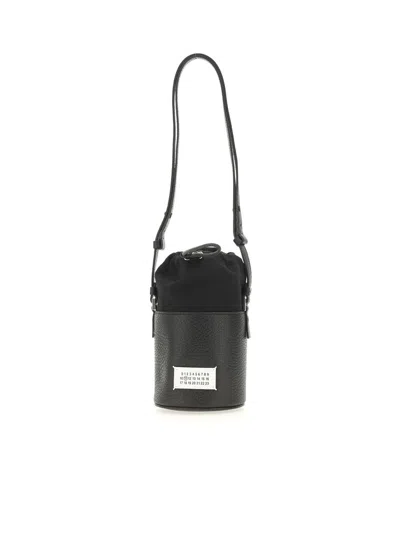 MAISON MARGIELA '5AC' MINI BLACK BUCKET HAT WITH SHOULDER STRAP IN GRAINED LEATHER AND COTTON CANVAS WOMAN