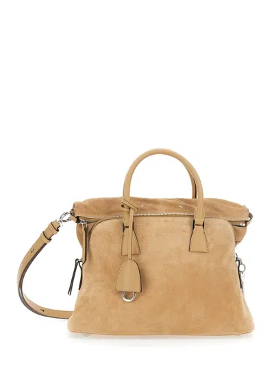 Maison Margiela '5ac Soft' Beige Crossbody Bag With Adjustable And Removable Shoulder Strap And Key Charm In Leather In Brown
