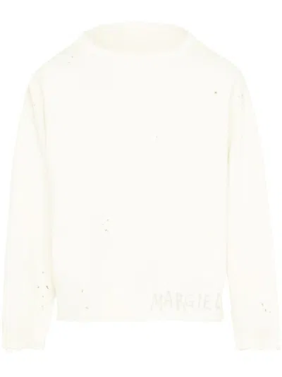 Maison Margiela Beige Cotton Sweatshirt With Hand-written Logo And Destroyed Details