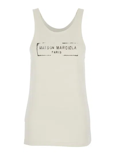 MAISON MARGIELA MAISON MARGIELA WOMEN BEIGE TOP WITH WIDE NECKLINE AND LOGO PRINTED ON THE FRONT IN VISCOSE AND COTT