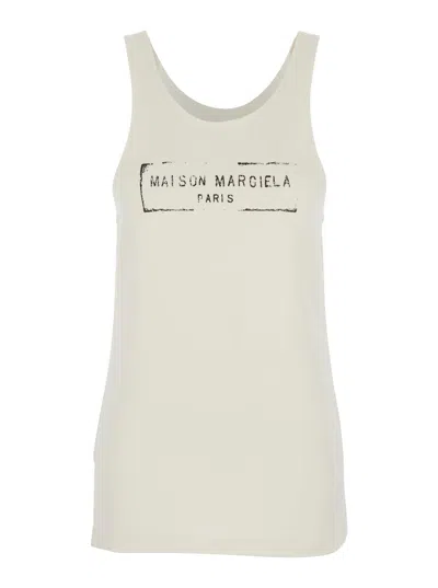 Maison Margiela Beige Top With Wide Neckline And Logo Printed On The Front In Viscose And Cotton Blend Woman