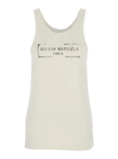 Maison Margiela Beige Top With Wide Neckline And Logo Printed On The Front In Viscose And Cotton Blend Woman In Multi