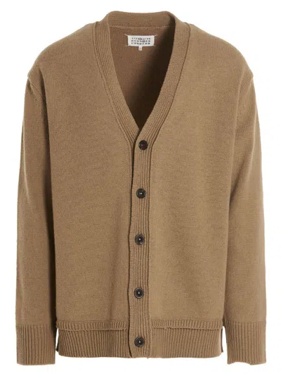 Maison Margiela Wool-blend With Suede Elbow Patches Cardigan In Brown
