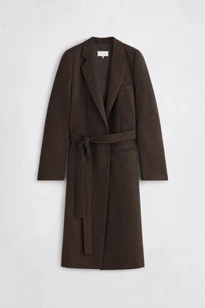 Maison Margiela Belted Herringbone Wool Coat Man Tapenade In Brown