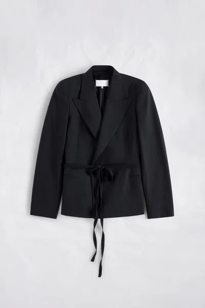 Maison Margiela Belted Peak-lapel Wool Blazer Woman Dark Grey In Black
