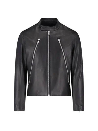 Maison Margiela Black Leather Four Stitches Biker Jacket In Multi