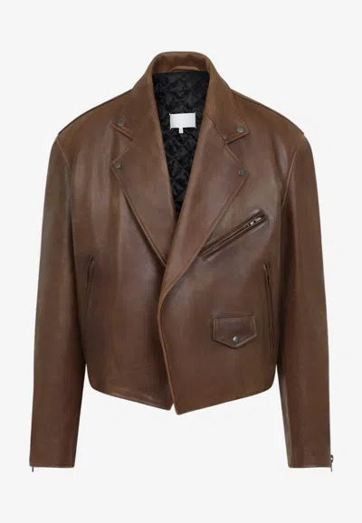 Maison Margiela Biker Leather Jacket With Notched Lapel Collar In Brown
